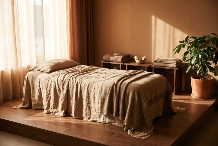 The private studio prepared and empty, warm light across the room