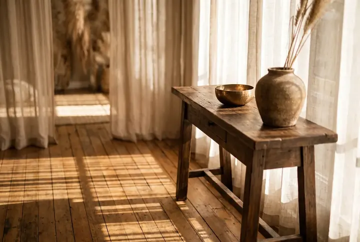 A warm entry with a bronze bowl on a console table