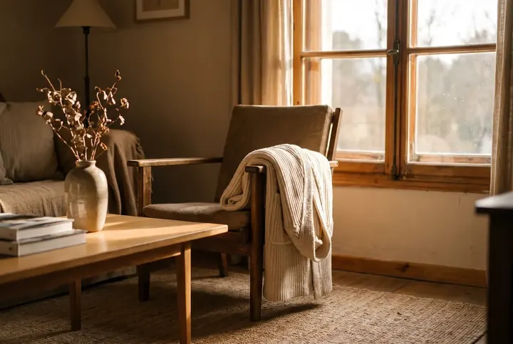 Late light through a window, a robe folded over a chair