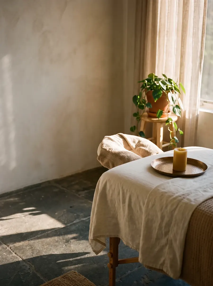 A private treatment room prepared for one person, warm light through a sheer curtain