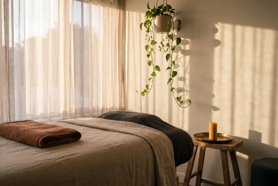 A private treatment room prepared for one person, warm light through a sheer curtain