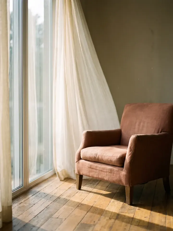 An empty armchair beside a window in a pool of warm light