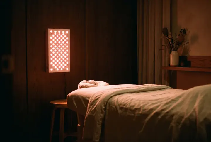 A red light therapy panel glowing warmly over a linen-draped bed