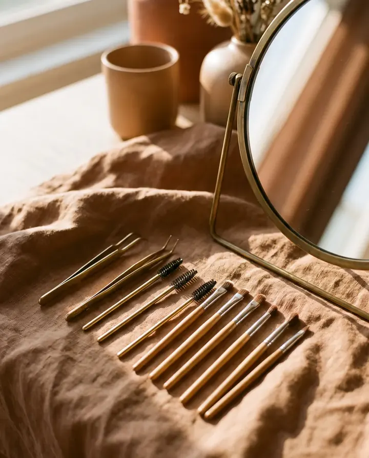 Fine beauty tools laid in a row on a linen cloth