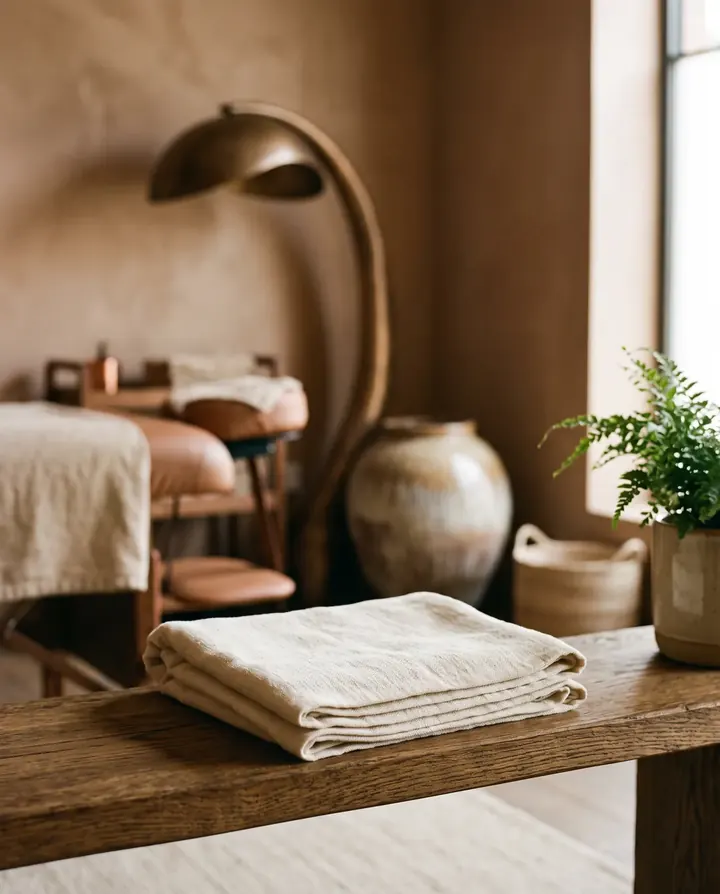 A wellness studio corner with a folded towel in warm light
