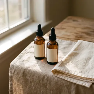 Amber glass bottles on a linen surface