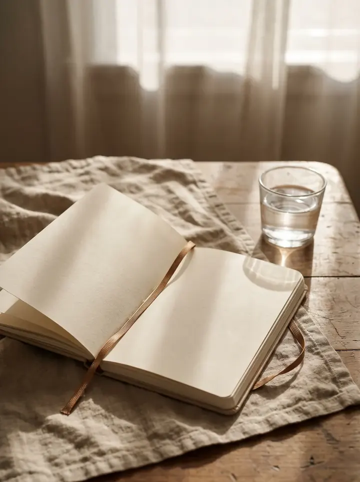 Morning light crossing an open journal with a bronze ribbon