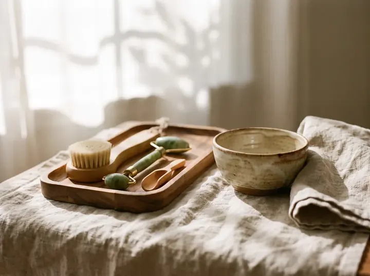 Facial treatment tools laid out on soft linen