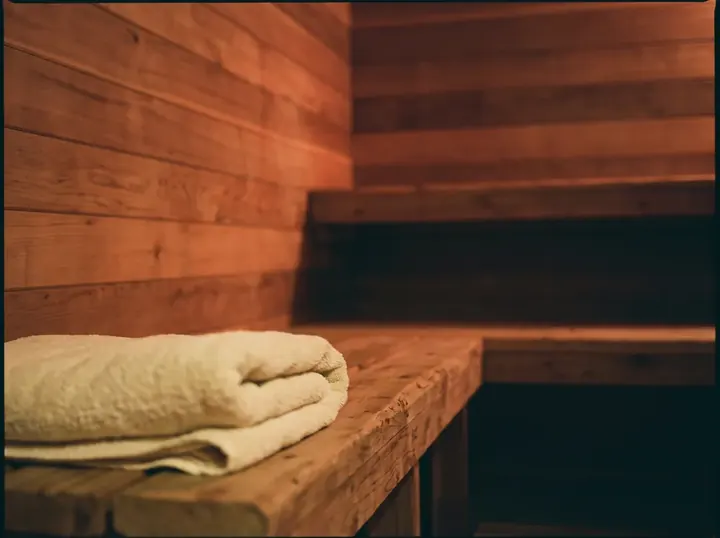 The warm wooden interior of a private sauna